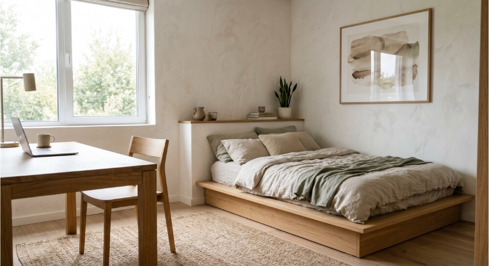Jasny pokój młodzieżowy w stylu japandi z niskim drewnianym łóżkiem