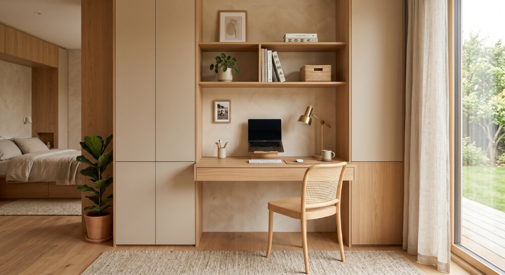 Zorganizowana strefa nauki z dębowym biurkiem wkomponowanym w szafki w stylu japandi