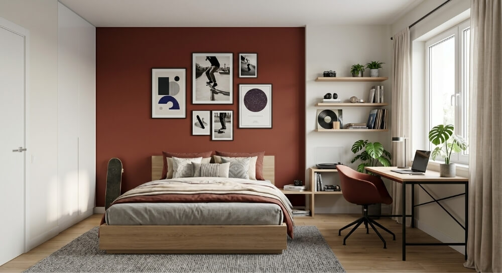 Pokój nastolatka z rdzawą jedną ścianą