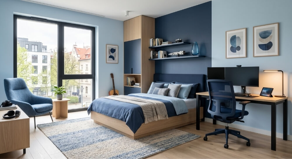 Nowoczesny pokój młodzieżowy z niebieskimi ścianami
