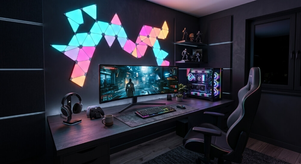 Ciemny, klimatyczny pokój gamingowy dla nastolatka z kolorowymi, geometrycznymi panelami LED