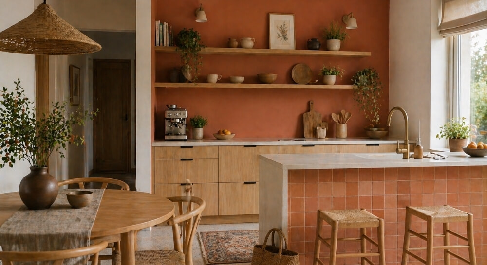 Kuchnia z terakotową ścianą i drewnianymi półkami w ciepłym stylu