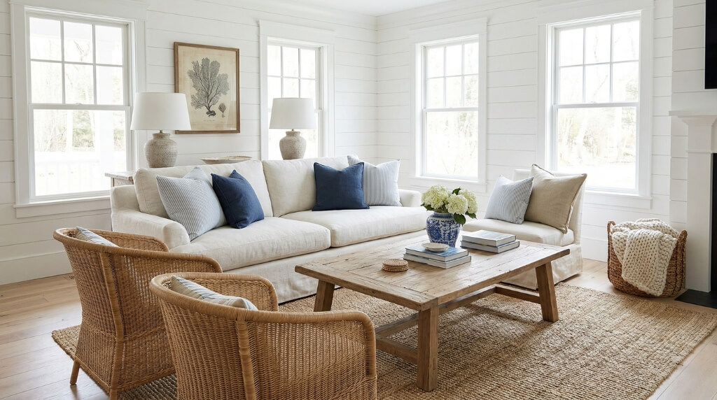 aranżacja małego salonu w stylu hampton przykładowa aranżacja salonu w stylu hampton