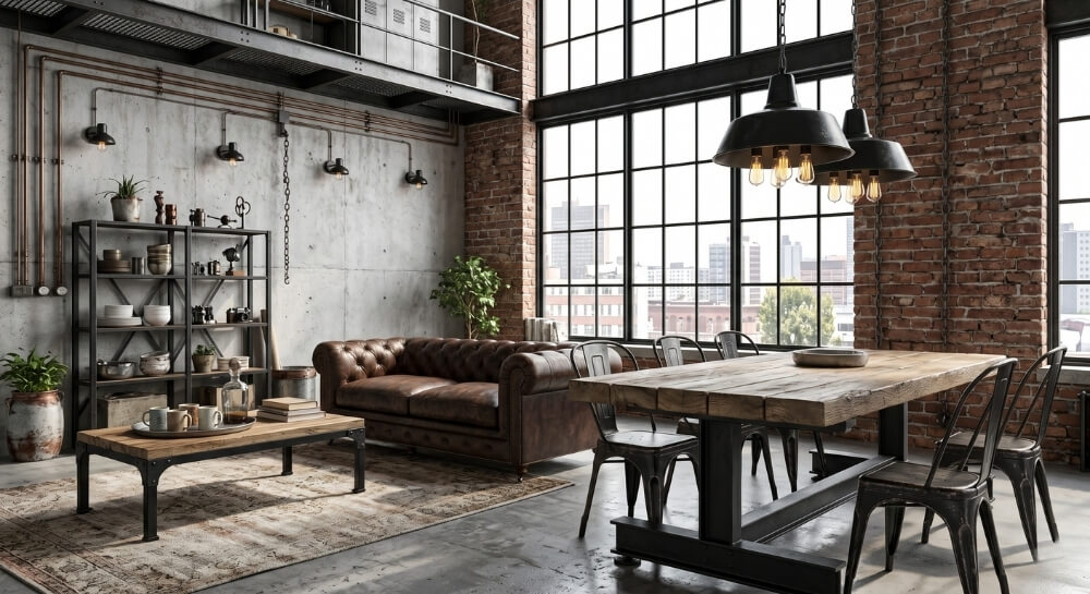 Surowe style wnętrz na przykładzie loftu z czerwoną cegłą, pikowaną skórzaną sofą i masywnym drewnianym stołem