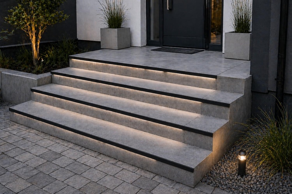 Schody z kontrastowymi krawędziami
