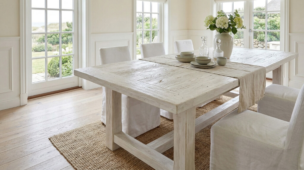 jadalnia ze stołem z bielonego drewna stół z białego drewna