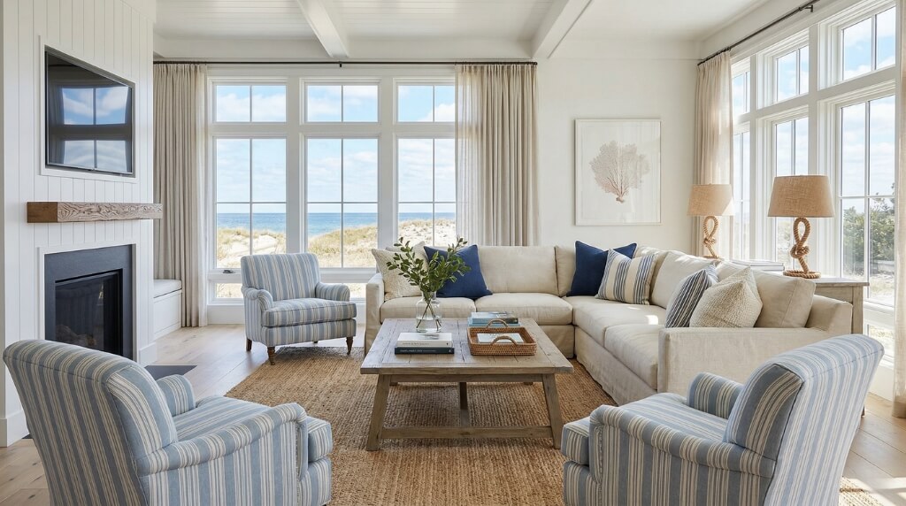 przykładowy projekt salonu w stylu hampton inspiracja na salon w stylu hampton