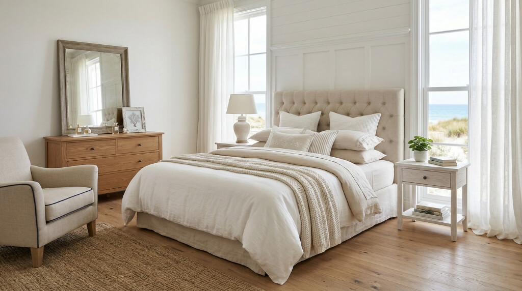 jasna sypialnia w stylu hampton mała sypialnia w stylu hampton