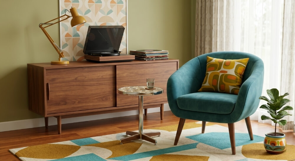 Turkusowy fotel na drewnianych nóżkach i geometryczny dywan pokazujące kolorowe style wnętrz z lat 60.