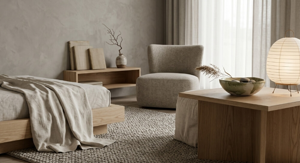 Wyciszająca sypialnia w stylu japandi z niskim drewnianym łóżkiem i lnianą pościelą
