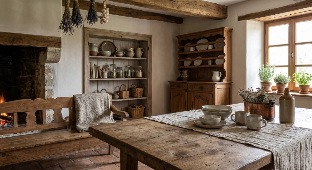 Jadalnia w stylu rustykalnym z ciężkim stołem z surowego drewna i otwartym kredensem z glinianą ceramiką