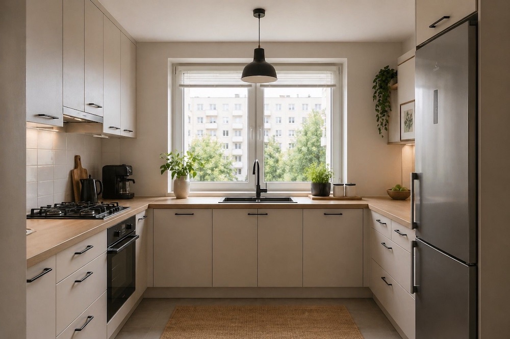 układ litera u w kuchni z oknem 