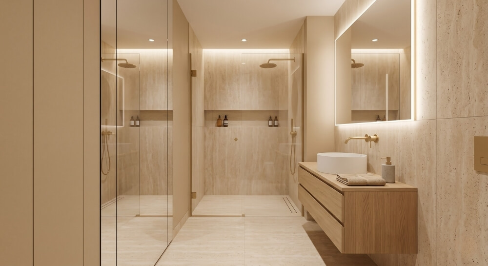 wąska, mała łazienka z lustrem