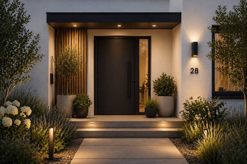 nowoczesne wejście do domu z czarnymi drzwiami 