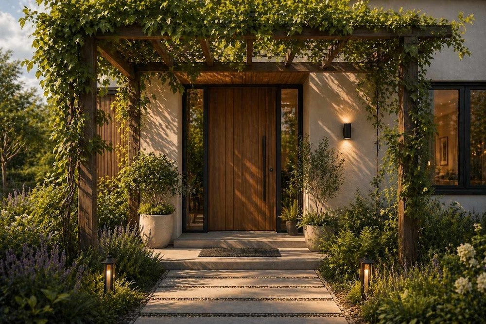 pergola nad wejściem do domu 