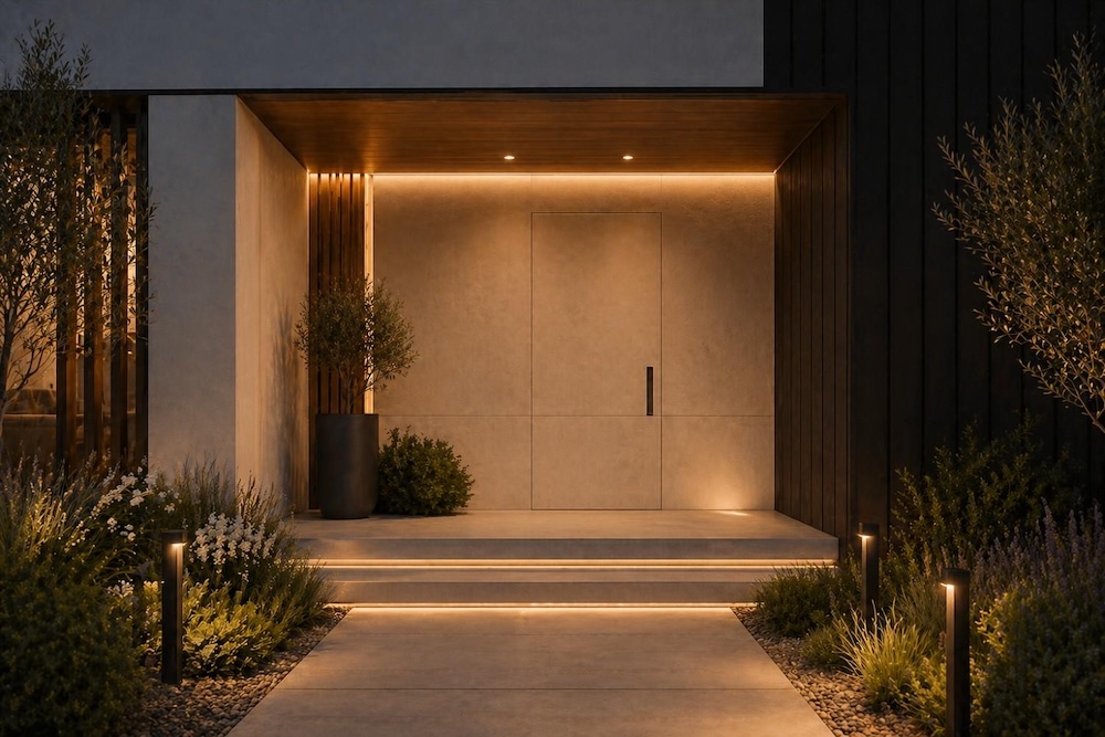 wejście do domu ze schowanymi drzwiami 