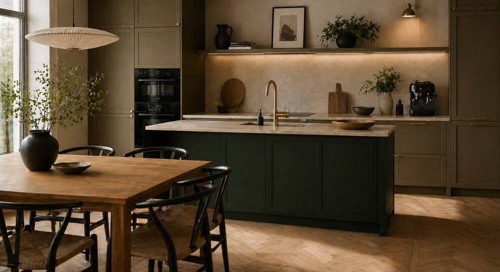Kuchnia z ciemnozieloną wyspą i mosiężnymi detalami jako kolor do kuchni