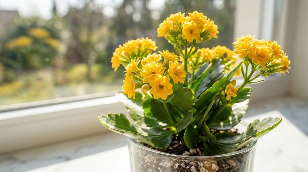 żółte kalanchoe przy oknie w donicy żółty kwiat kalanchoe na parapecie