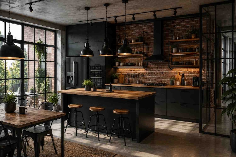 loftowy styl w kuchni z jadalnią styl loft w otwartej kuchni