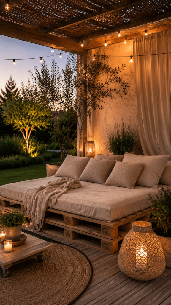 Cuda z palet do ogrodu – luksusowy daybed z palet z lnianymi poduszkami i girlandami LED