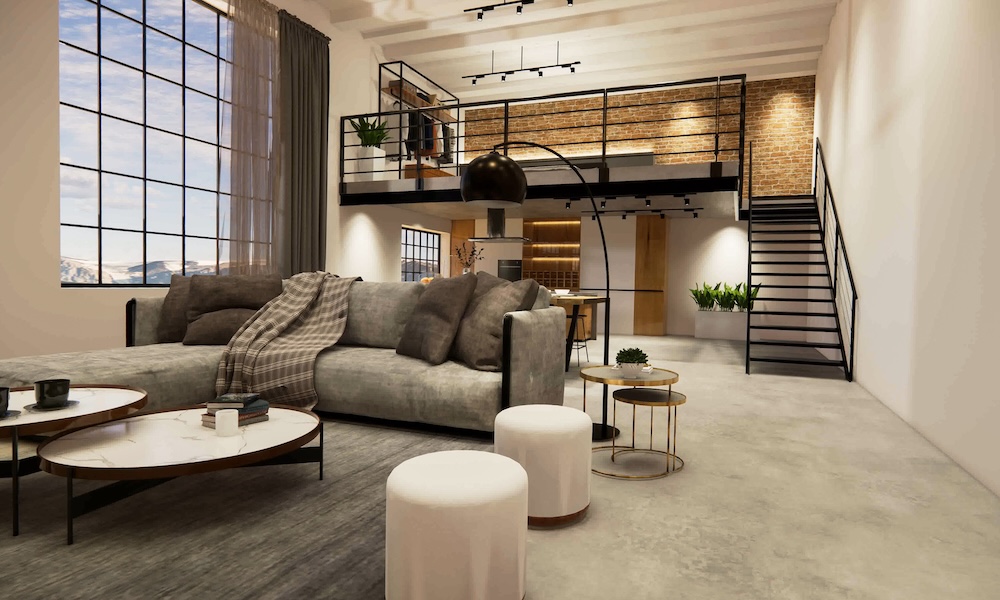 salon loft z szeroką sofą i białymi pufami loftowy salon z szarą sofą