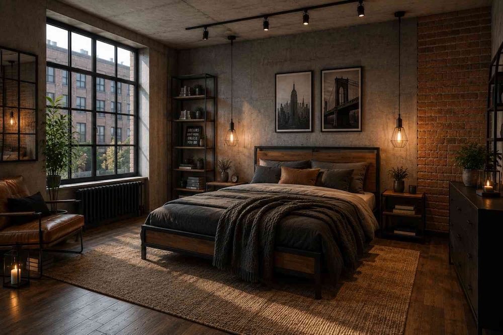 sypialnia w stylu loft w ciemnych kolorach loftowa sypialnia z cegłą na twarzy