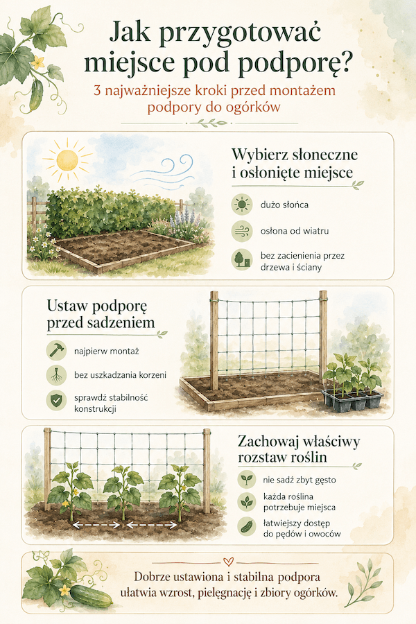 Infografika ogrodnicza o przygotowaniu miejsca pod podporę dla ogórków w ogrodzie warzywnym Ogórki na podporach – 4 sposoby w formie infografiki pokazującej trzy kroki przygotowania miejsca