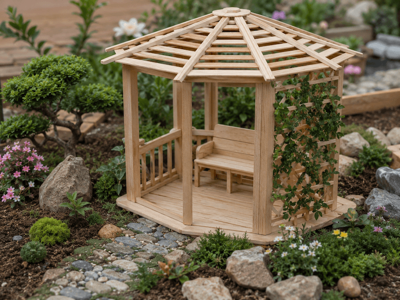 Cuda z patyczków po lodach – model altany ustawiony w miniaturowym ogrodzie Miniaturowa altana z drewnianych patyczków po lodach
