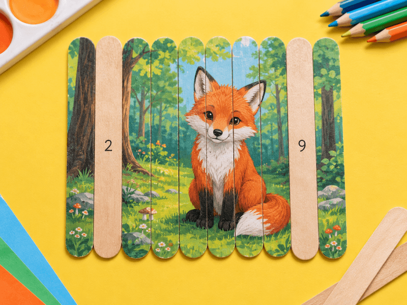 obrazkowe puzzle z dziesięciu patyczków z motywem lisa Cuda z patyczków po lodach – dziecięce puzzle z lisem