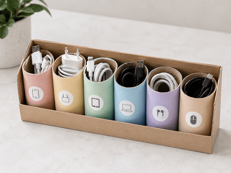 cuda z rolek po papierze toaletowym – pastelowy organizer DIY na zwinięte kable i ładowarki