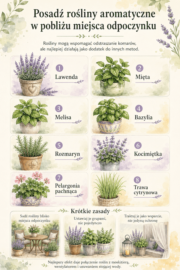 Domowe sposoby na komary – infografika z lawendą, miętą, melisą, bazylią, rozmarynem i innymi roślinami aromatycznymi
