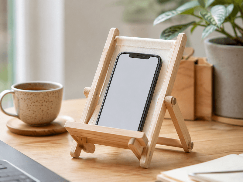 Cuda z patyczków po lodach – praktyczny stojak na telefon ustawiony na biurku Drewniany stojak na smartfon w formie miniaturowego leżaka