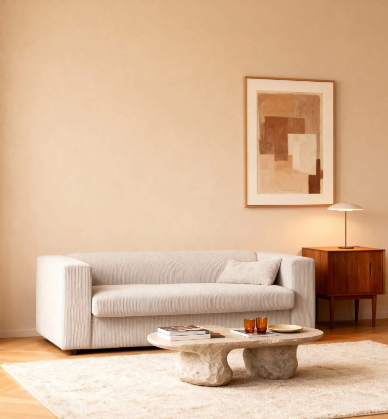 Sprytne meble do małego mieszkania – sofa, komoda i szafka nocna w jednym stylu